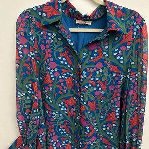 Entro Blue Floral Bubble Sleeve Button-Up Blouse, Sz L